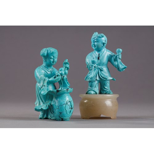 Finely carved turquoise statuettes - China Qing period circa 1900
1)Depicting a young woman pressing fruit on a tray on a barrel-shaped stool 
2) representing a child on a soapstone base 